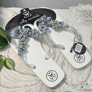 Silly Sandals White Flip Flops with Soccerball & Beaded Straps